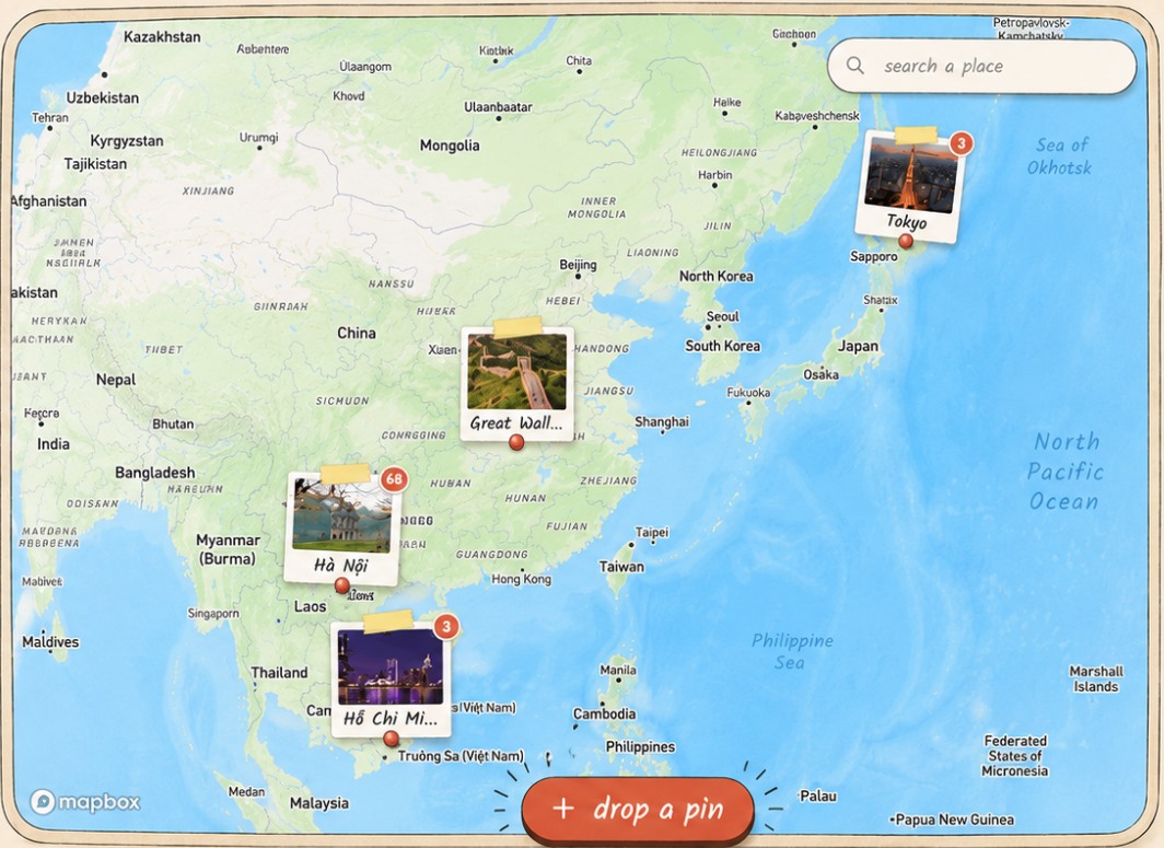 A WanderMemo custom travel map of Asia with photo pins for Tokyo, the Great Wall, Hà Nội and Hồ Chí Minh